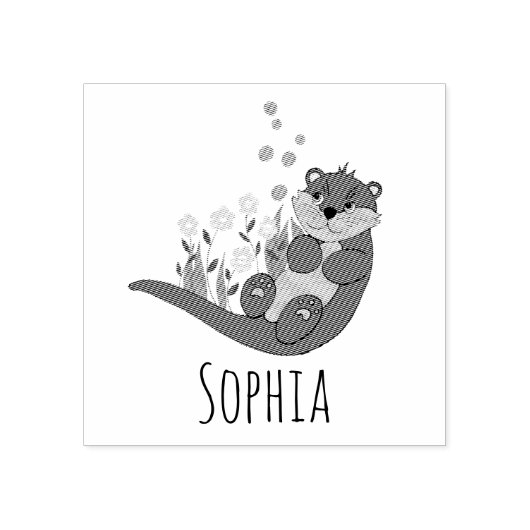 Girls Cute Otter Cartoon Flowers & Name Bookplate Rubberstempel (Afrduk)