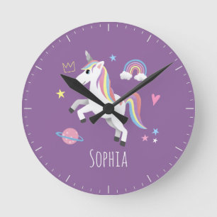 Girls Cute Paarse Magical Unicorn Kinder Nursery Ronde Klok