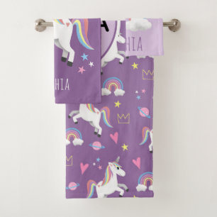 Girls Cute Paarse Unicorn Pattern & Name Kinder Bad Handdoek