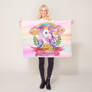 Girls Cute Paarse Unicorn Rainbow Fleece Deken