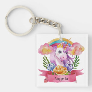 Girls Cute Paarse Unicorn Rainbow Sleutelhanger