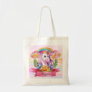 Girls Cute Paarse Unicorn Rainbow Tote Bag