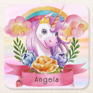 Girls Cute Paarse Unicorn Rainbow Vierkante Kartonnen Onderzetter