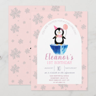 Girls Cute Penguin Winter Pink Birthday Kaart
