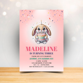 Girls Cute Pink Bunny Cake Birthday Invitation Kaart