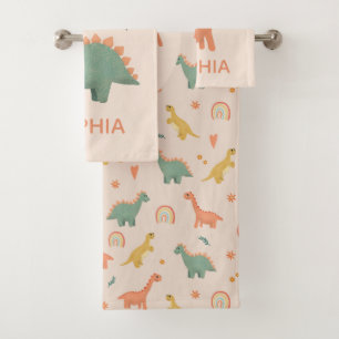 Girls Cute Pink Dinosaur Pattern Name Kinder Bad Handdoek