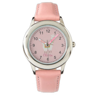 Girls Cute Pink Llama Custom Name Kinder Horloge