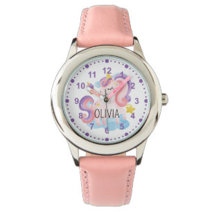 Girls Cute Pink Paarse Unicorn Horloge
