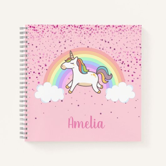 Girls Cute Pink Unicorn Rainbow Gepersonaliseerde  Notitieboek (Voorkant)