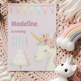 Girls Cute Pink Unicorn Seventh Birthday Kaart