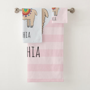 Girls Cute Rainbow Llama Cartoon en naam Kinderen Bad Handdoek