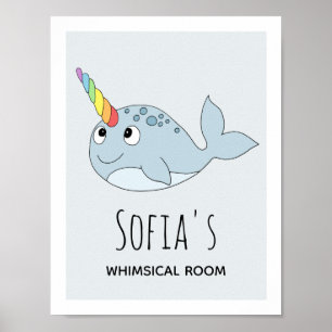Girls Cute Rainbow Narwhal Cartoon Naam Kinder Roo Poster