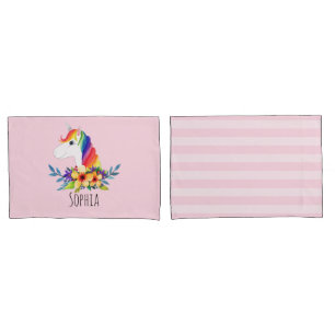 Girls Cute Rainbow Waterverf Unicorn & Name Kinder Kussensloop