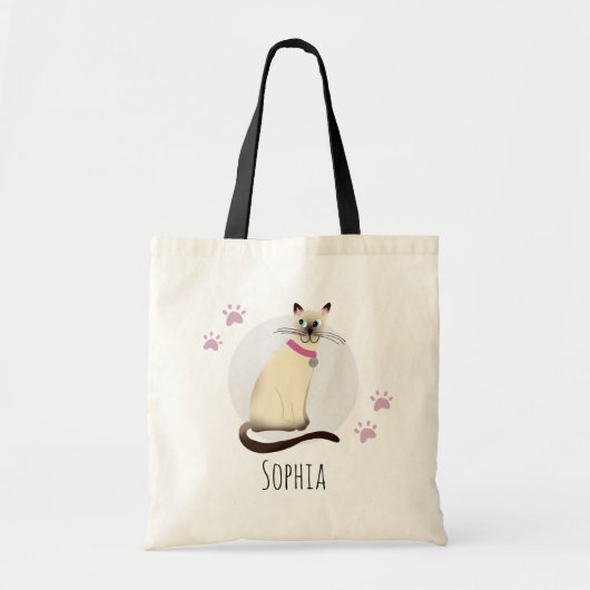 Girls Cute Seal Point Siamese Cat Paw & Name Kinde Tote Bag (Voorkant)