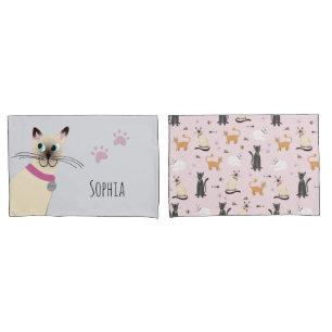Girls Cute Siamese Cat Paw Prints Name Kinder Kussensloop