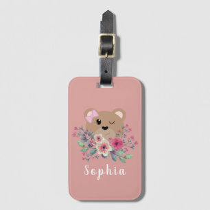 Girls Cute Teddy Bear Blush Pink Name Kinder Bagagelabel