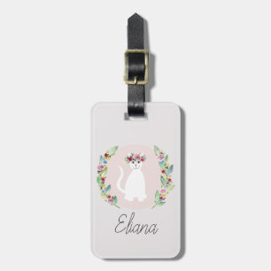 Girls Cute White Cat met Flowers en Name Kinder Bagagelabel