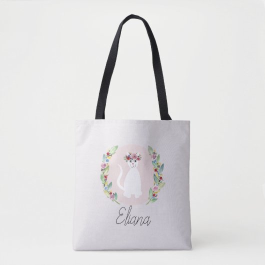 Girls Cute White Cat met Flowers en Name Kinder Draagtas (Voorkant)