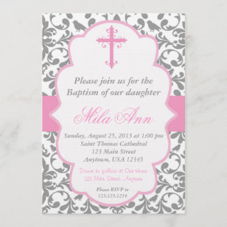 Girls Damask Baptism Pink and Grey Invitation Kaart