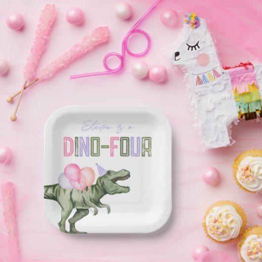 Girl's Dino Vier Verjaardag Party Borden Papieren Bordje (Feest)