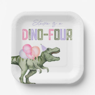Girl's Dino Vier Verjaardag Party Borden Papieren Bordje