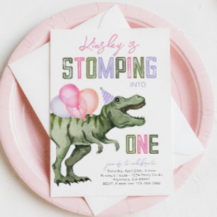 Girl's Dinosaur Eerste Verjaardag Uitnodiging