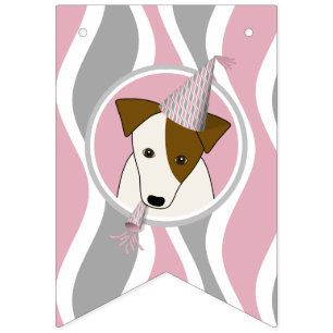 Girl's Dog Theme Verjaardag Roze Grijze Wavy Strep Vlaggetjes
