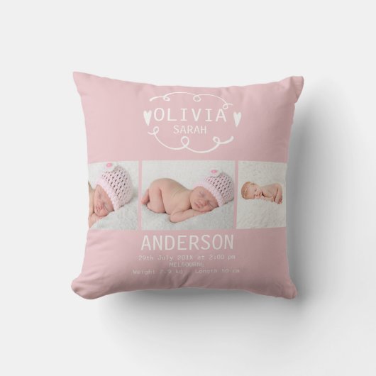 Girls Dusty Pink Foto Birth Announcement Kussen (Voorkant)