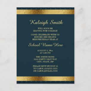 Girls Elegant Navy Blue Gold College Trunk Party Uitnodiging Briefkaart