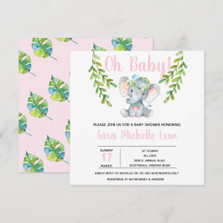 Girl's Elephant Waterverf Baby shower Invitation Bedankkaart