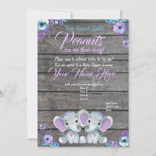Girls Elephants Baby shower Invitation rustique tu (Devant)