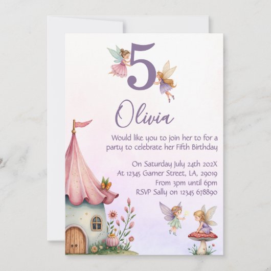 Girls Fairy 5th Birthday Party Invitation (Devant)