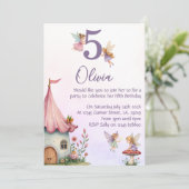 Girls Fairy 5th Birthday Party Invitation Kaart (Staand voorkant)