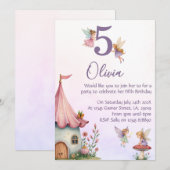 Girls Fairy 5th Birthday Party Invitation Kaart (Voorkant / Achterkant)