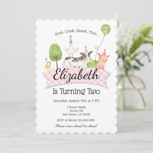 Girls Farm Barnyard Invitation fête d'anniversaire (Debout devant)