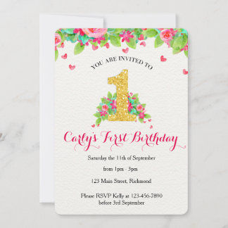Girls First Birthday Invitation - Roze & Gold Kaart