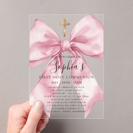Girl's First Communion Pink Bow Acrylic Invitation (In situ (ordinateur de poche))