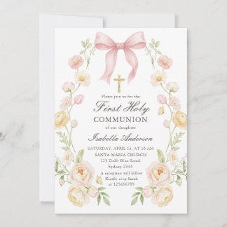 Girl's First Holy Communion Pink Floral Bow Kaart