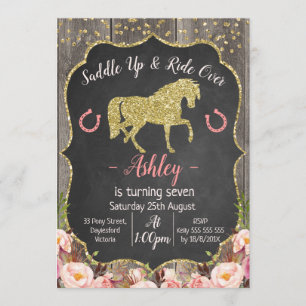 Girls Floral Glitter Horse Birthday Invitation Kaart
