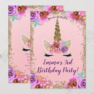 Girls Floral & Gold Glitter Unicorn Birthday Party Kaart