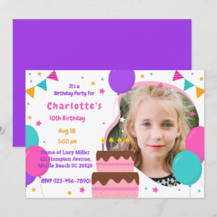 Girls Foto Cute Pink Paarse Birthday Party Kaart