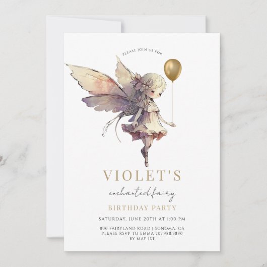 Girl's Gold Fairy Birthday Party Kaart (Voorkant)