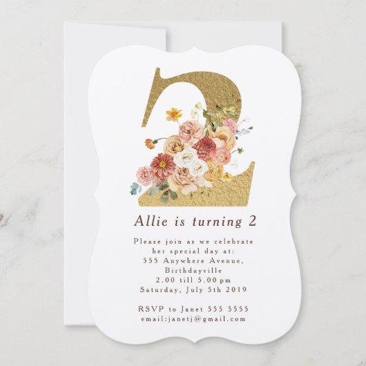 Girls Gold Floral 2e Invitation de fête d'annivers (Devant)