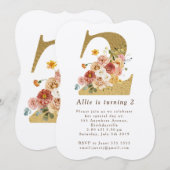 Girls Gold Floral 2e Invitation de fête d'annivers (Devant / Derrière)