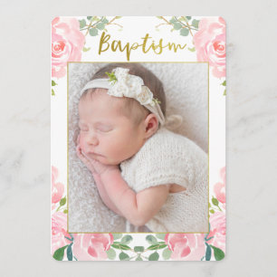 Girls Gold Pink Photo Baptisme Invitation Kaart