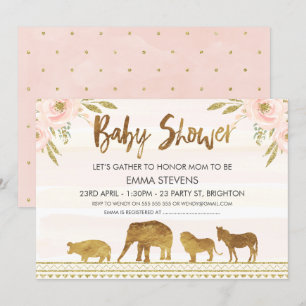 Girls Gold Safari Animals Baby shower Uitnodiging