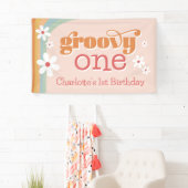Girl's Groovy One Retro Daisies 1e verjaardag Spandoek (Insitu)