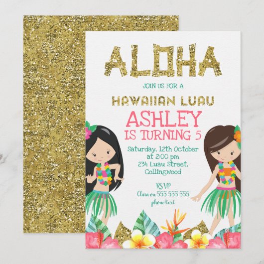 Girls Hawaiian Luau Birthday Invitation Kaart (Voorkant / Achterkant)