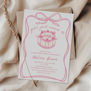 Girls Just Wanna Be One Pink Bow 1st Birthday Invi Kaart