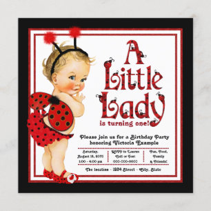 Girls Ladybug 1st Birthday Party Invitations Kaart